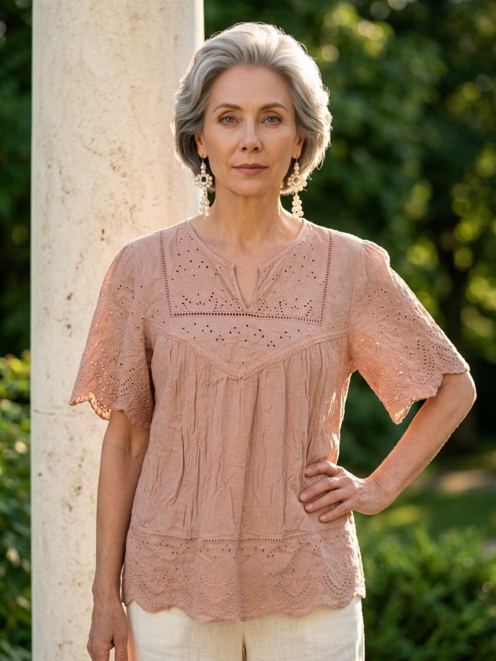 Knox Rose Blush Eyelet Split-Neck Peasant Blouse